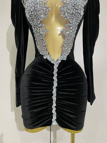 White Velvet Sexy Mesh Short Dress with Crystals