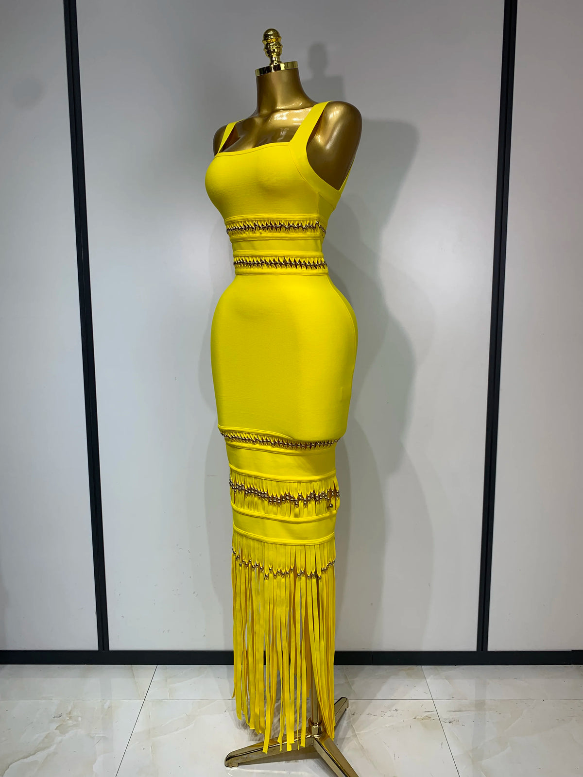 Women Sleeveless Square Collar Tassel Bodycon Dress