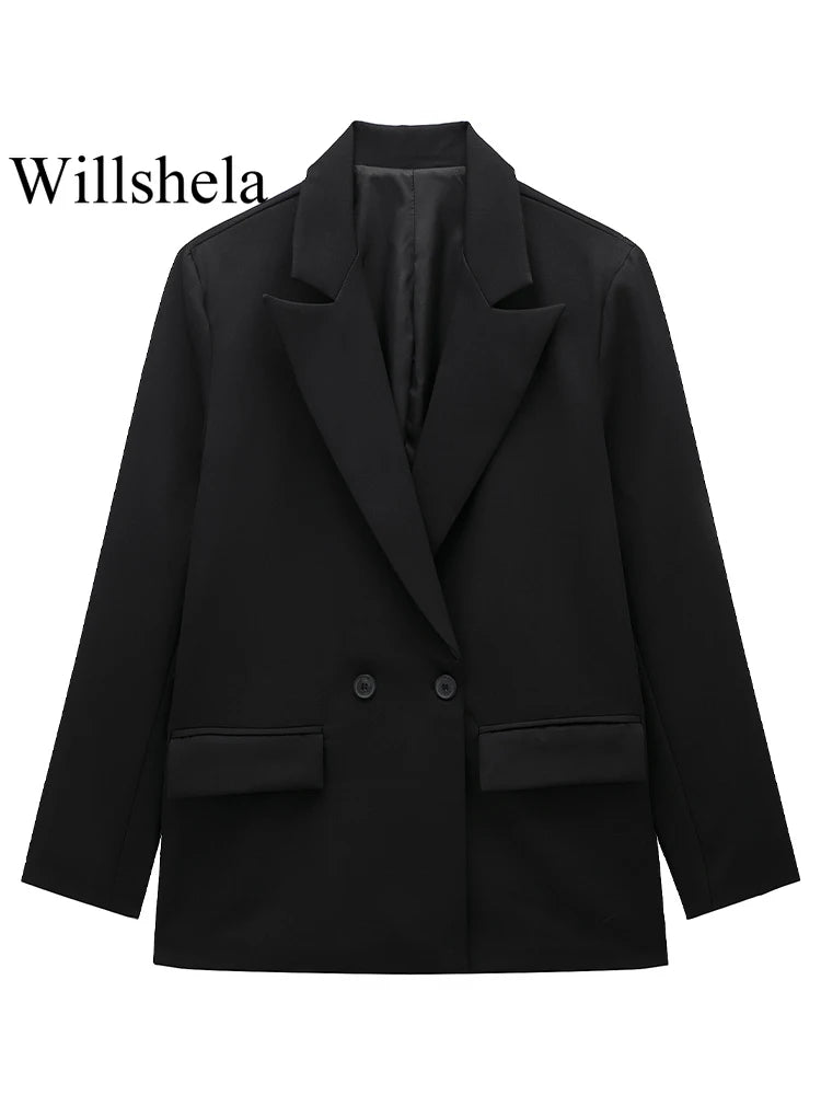 Willshela Women Vintage Double Breasted Blazer with Pockets