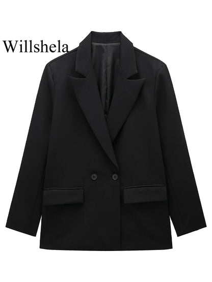 Willshela Women Vintage Double Breasted Blazer with Pockets