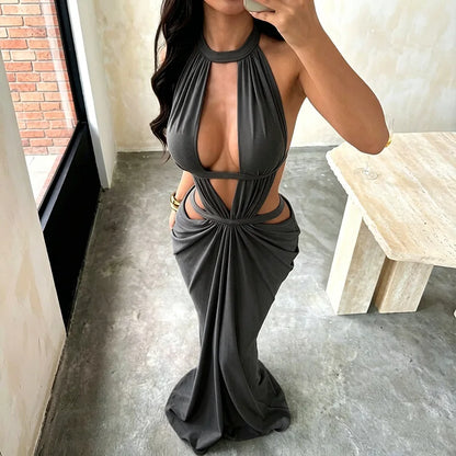 Khaki Halter Cut-Out Maxi Dress for Elegant Parties