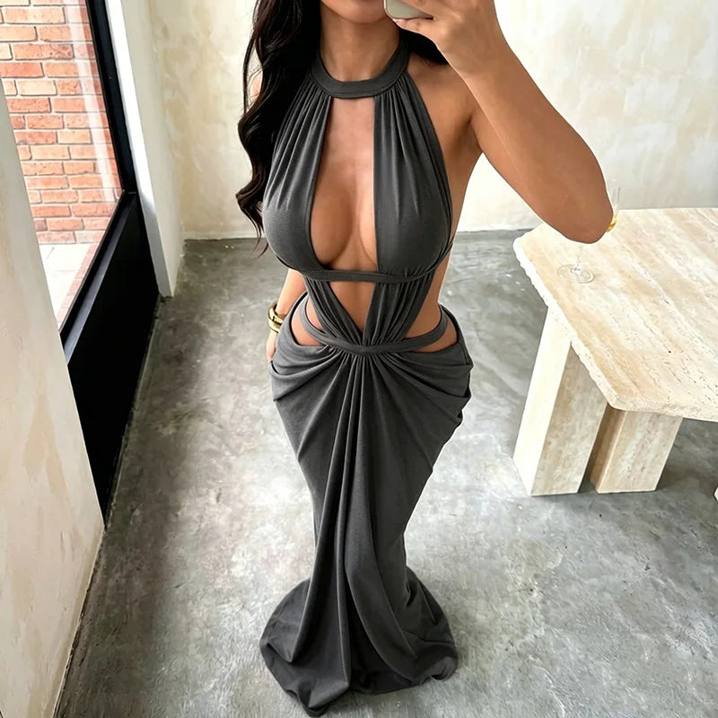 Khaki Halter Cut-Out Maxi Dress for Elegant Parties