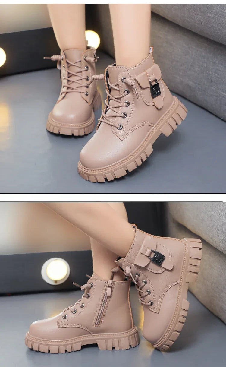 Girls PU Leather Ankle Boots with Anti-slip Sole