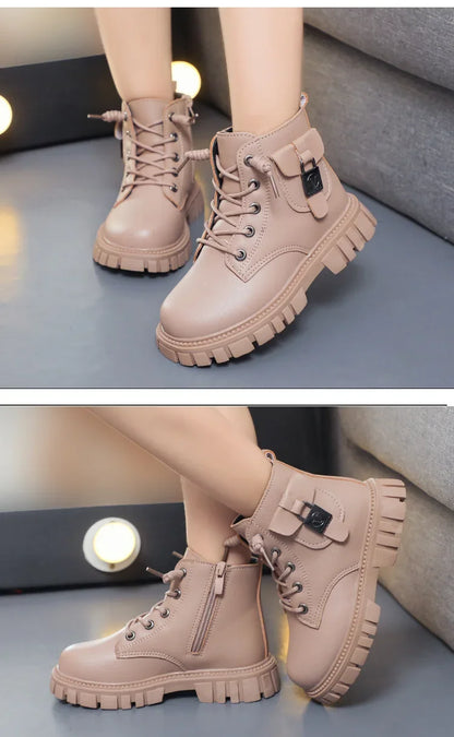 Girls PU Leather Ankle Boots with Anti-slip Sole