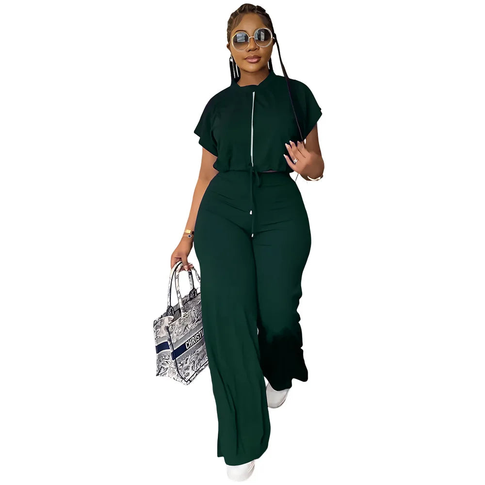Women Casual Short Sleeve Drawstring Top and High Waist Pants Set