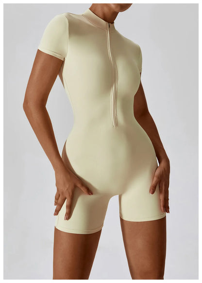 Summer Zipper Short Sleeve Yoga Bodysuit for Women