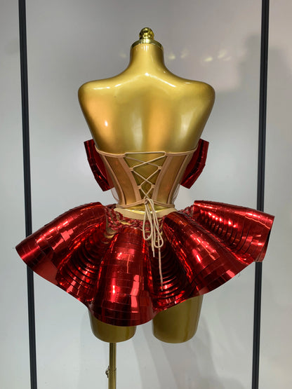 Women Silver Sequins Two Piece Stage Costume
