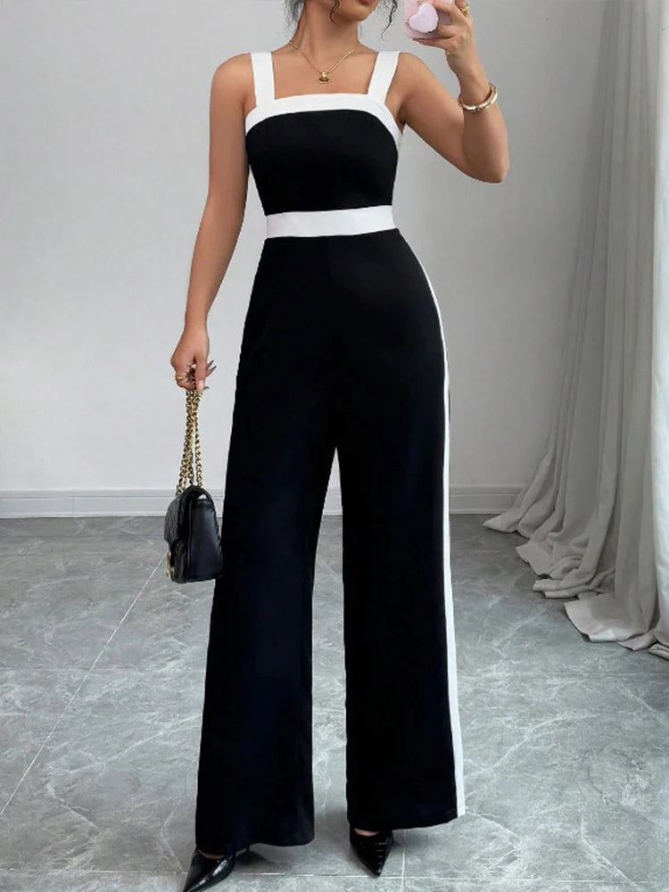 Women's Black White Square Neck Jumpsuit Polyester