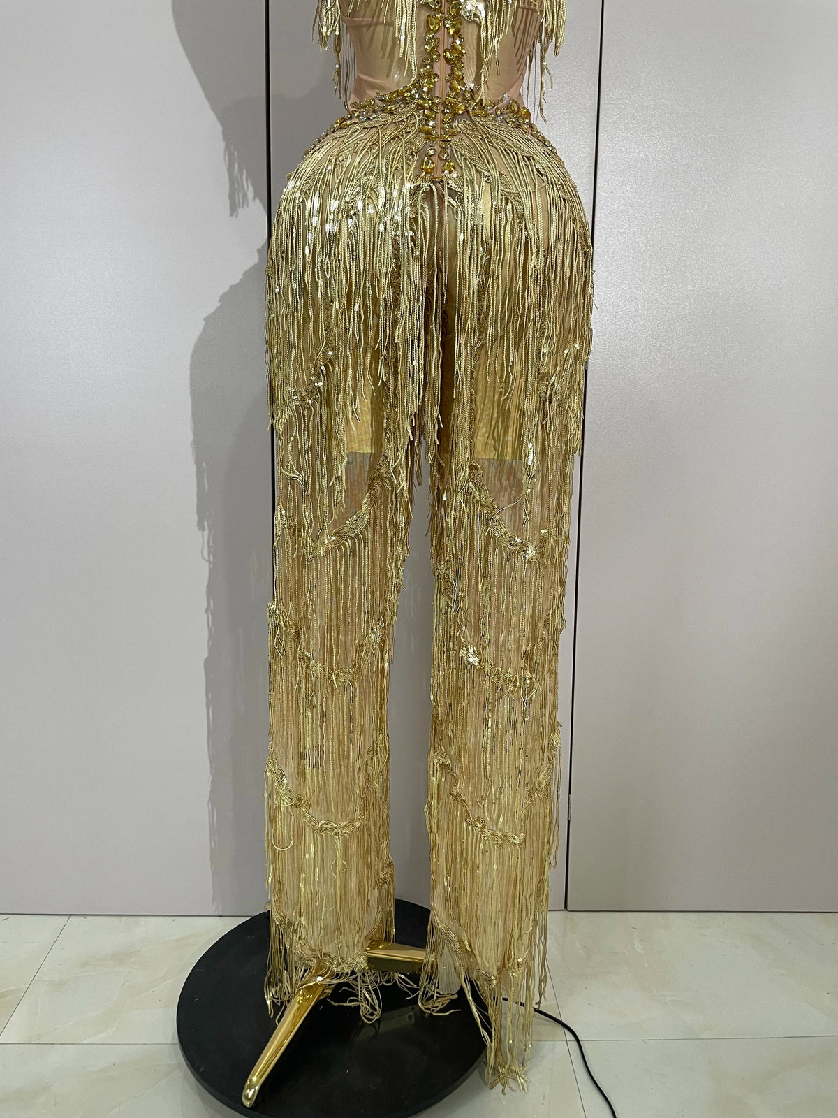 Sparkly Black Rhinestone Fringe Jumpsuit for Women