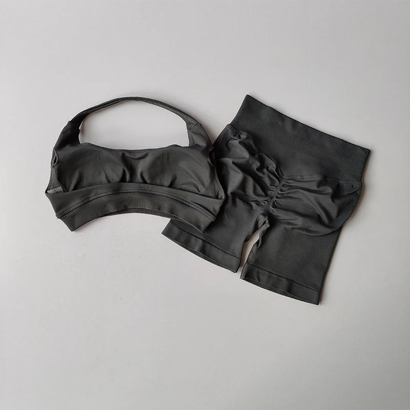 Peach High Waist Seamless Sports Bra and Shorts Set