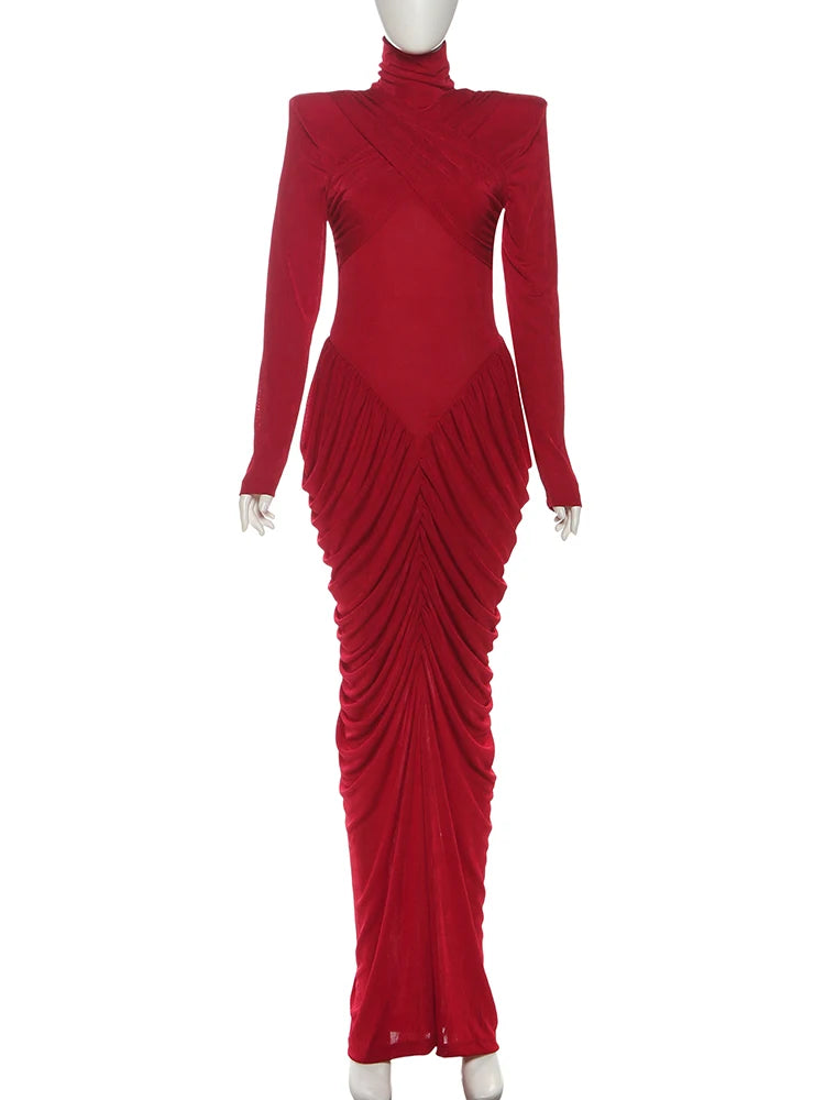 Maxi Dress Women Turtleneck Full Sleeve Backless