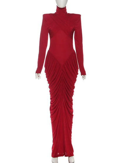 Maxi Dress Women Turtleneck Full Sleeve Backless