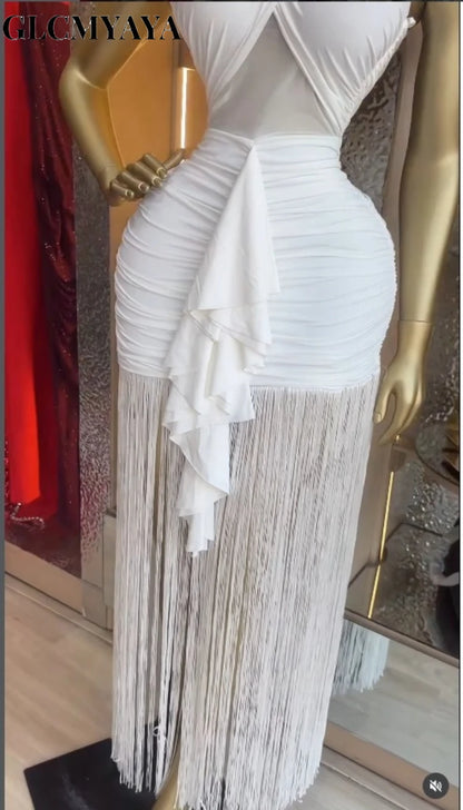 Women Halter Neck Midi Bodycon Dress with Tassels