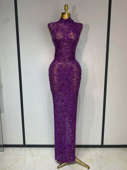Gold Rhinestone Sleeveless Long Dress for Women