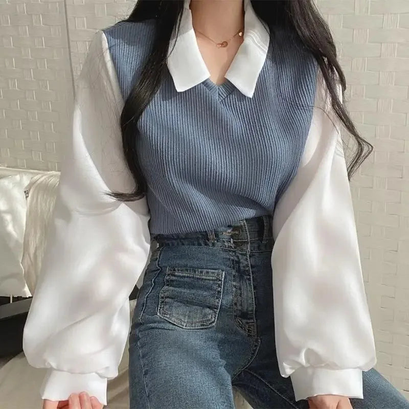 Korean Style Polo Collar Chiffon Blouse for Women