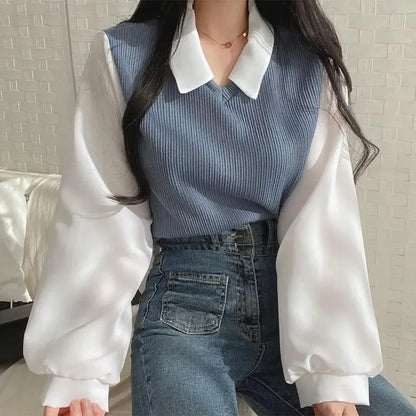 Korean Style Polo Collar Chiffon Blouse for Women