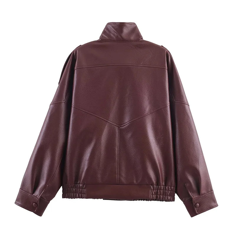 Black Long Sleeve Faux Leather Motorcycle Jacket