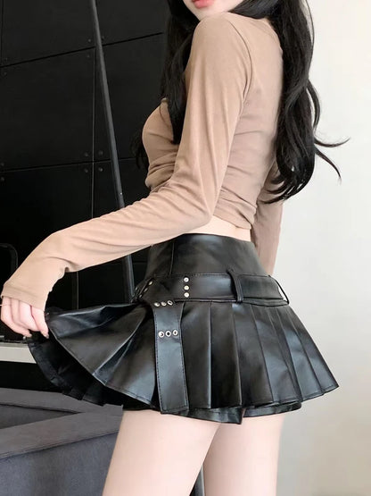 Black Pleated Leather A-line Skirt for Women