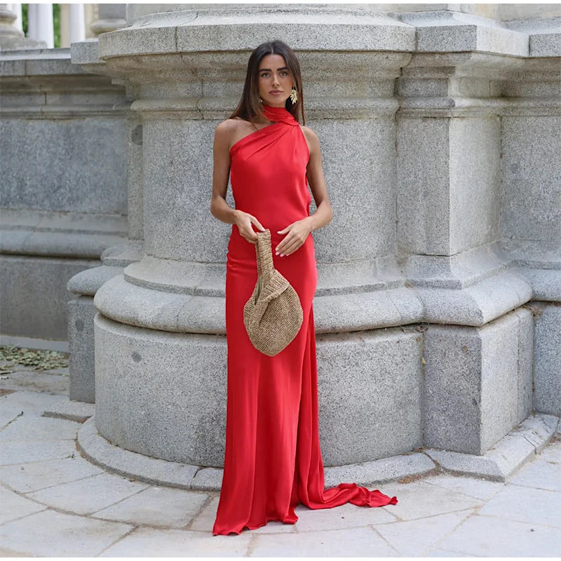 Elegant Halter Dress Women Solid Backless Maxi Dress