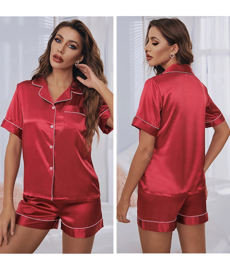 Womens Silk Satin Pajama Set Short Sleeve Loungewear