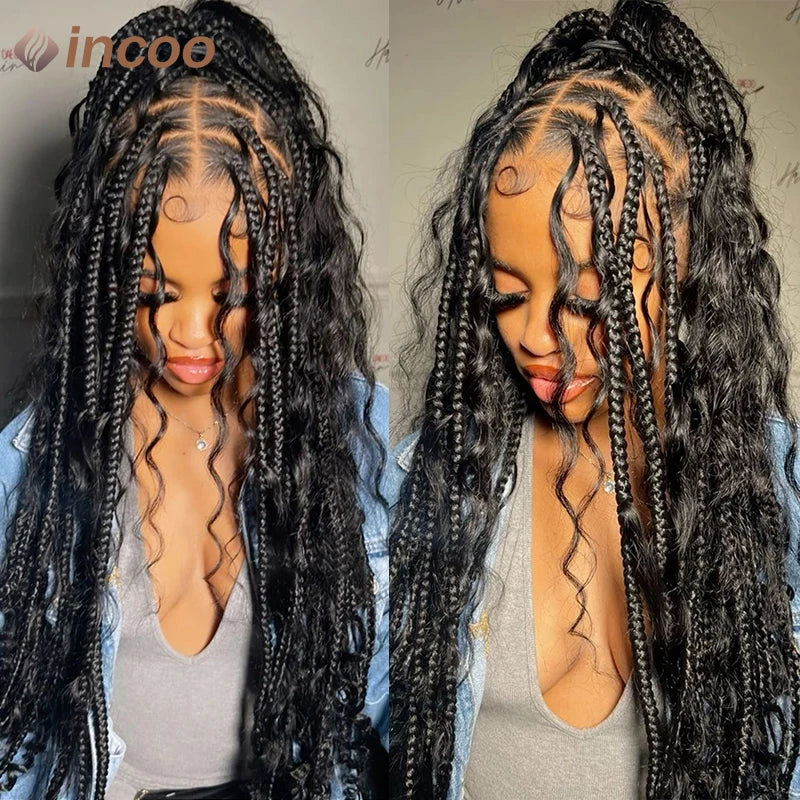Boho Box Braided Curly Hair Full Lace Wig Burgundy