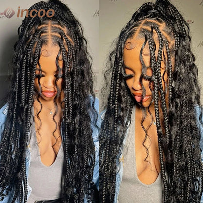 Boho Box Braided Curly Hair Full Lace Wig Burgundy