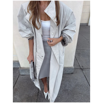 Khaki Long Color-block Stripe Trench Coat for Women