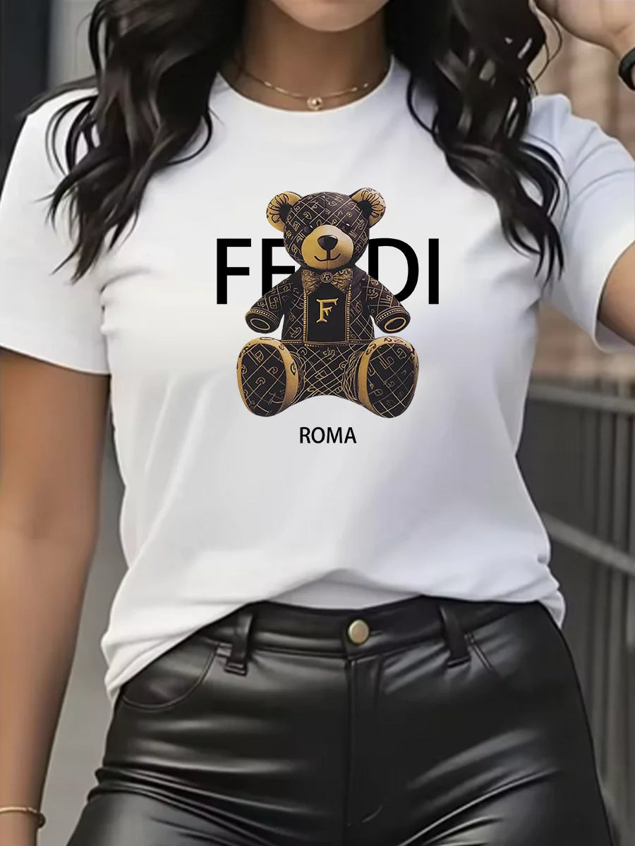 Light Blue Cotton Short Sleeve T-Shirt with Teddy Bear