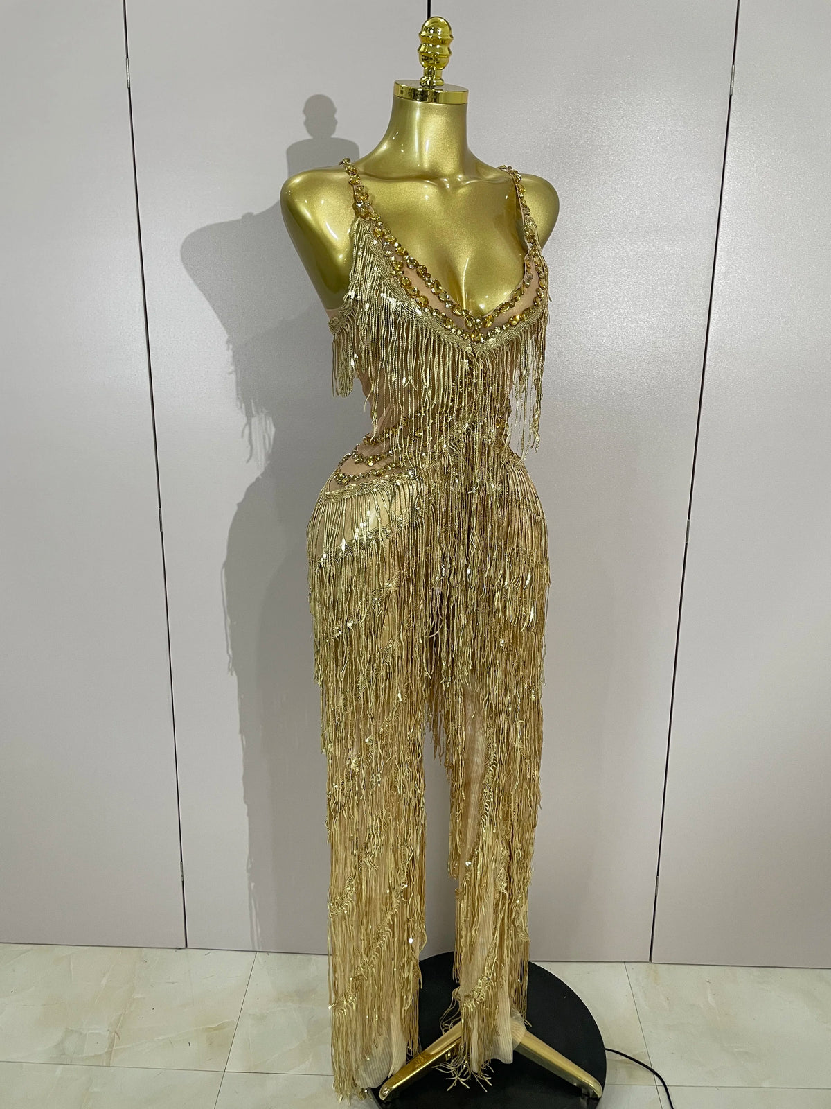 Sparkly Black Rhinestone Fringe Jumpsuit for Women