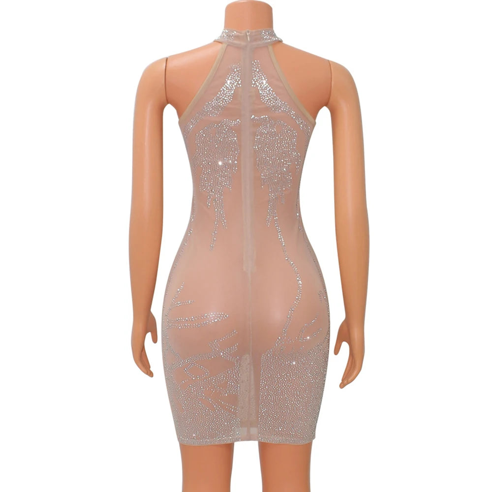 Rhinestone Mesh Bodycon Mini Dress for Women