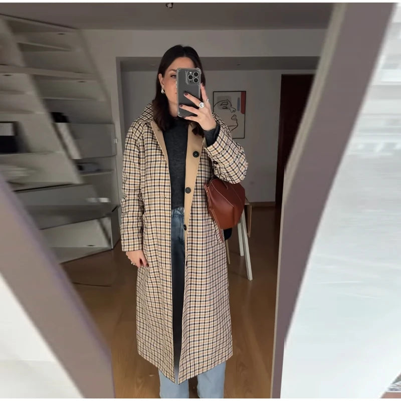 Double-Sided Long Trench Coat for Women with Pockets