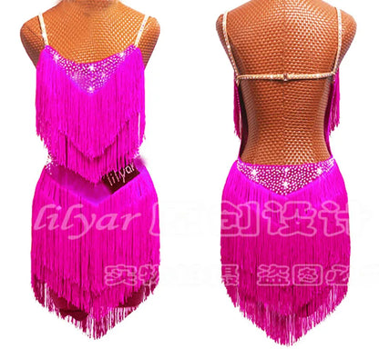 Latin Dance Dress with Rhinestones and Tassels in Red and White