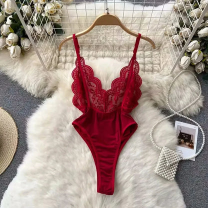 Women Transparent Lace Up Halter Bodysuit Romper