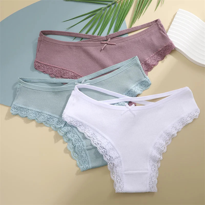 3PCS Women Cotton Lace Brazilian Panties Set S-XL