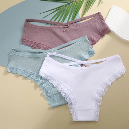 3PCS Women Cotton Lace Brazilian Panties Set S-XL