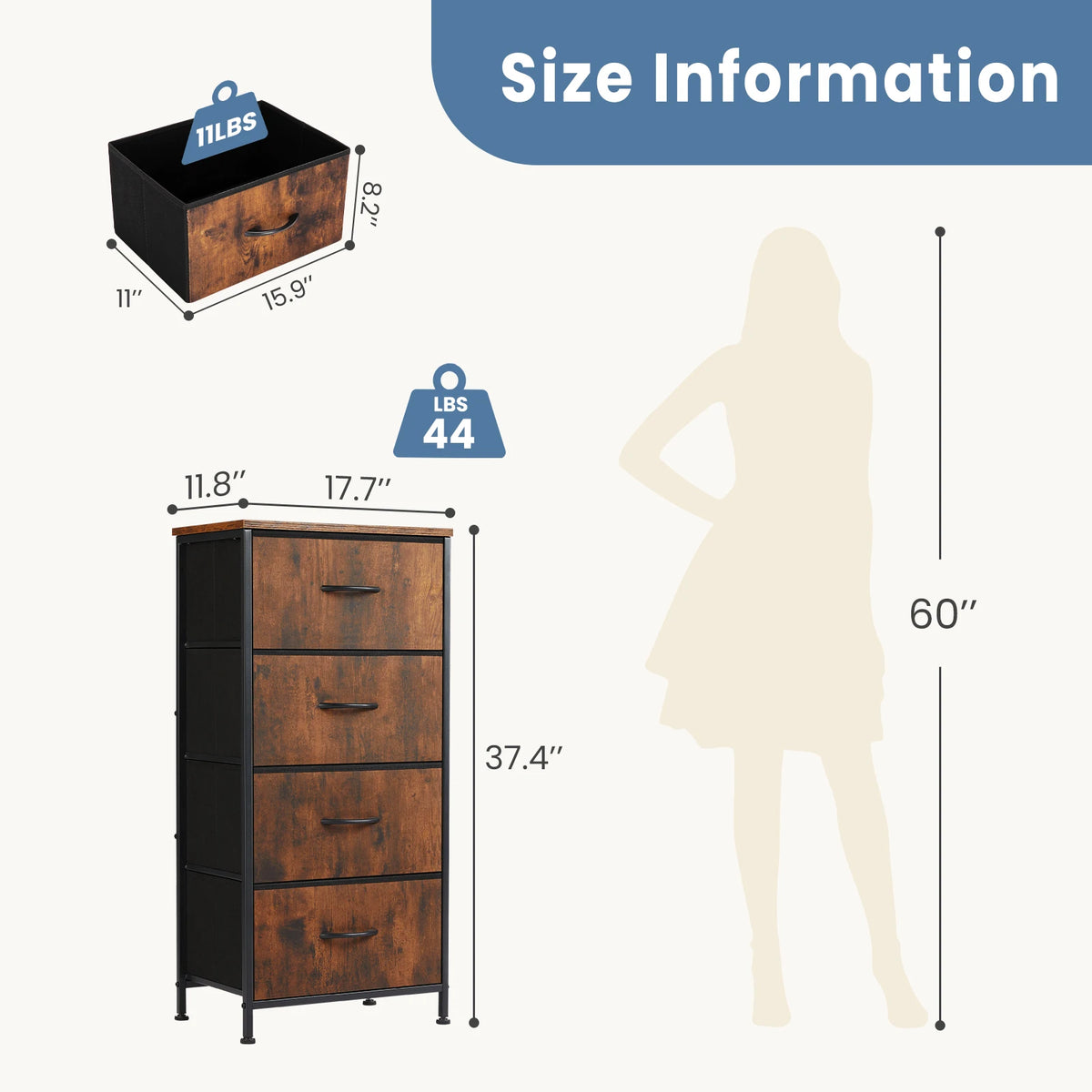 JHK Modern Morocco Dresser with 4 Fabric Drawers