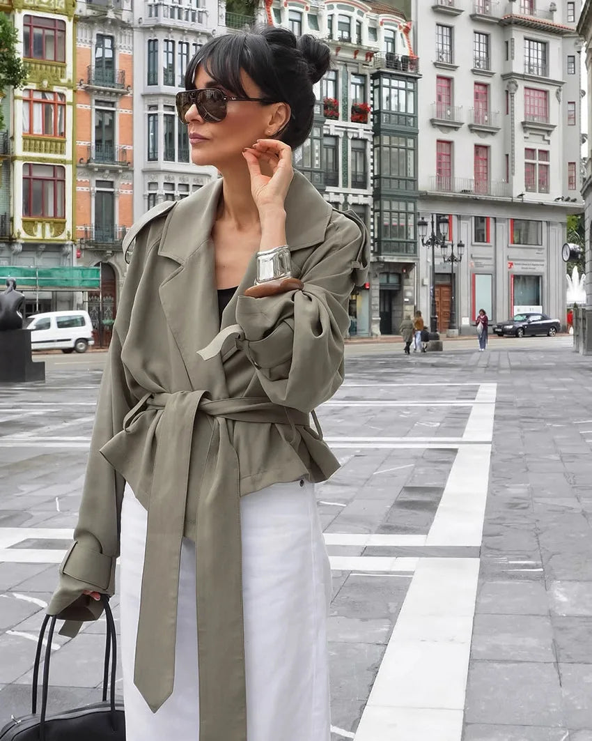 Lapel Lace Up Trench Coat Women Casual Long Sleeve