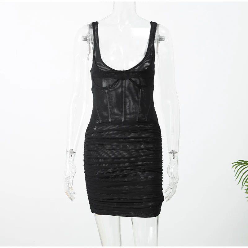 Elegant Fishbone V-neck Mini Dress Women Sleeveless Polyester