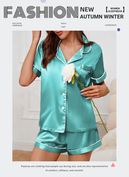 Silk Satin Pajamas Set for Women with Button-Down Design