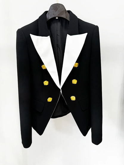 Slim Fitting Color Block Blazer with Rose Metal Buttons