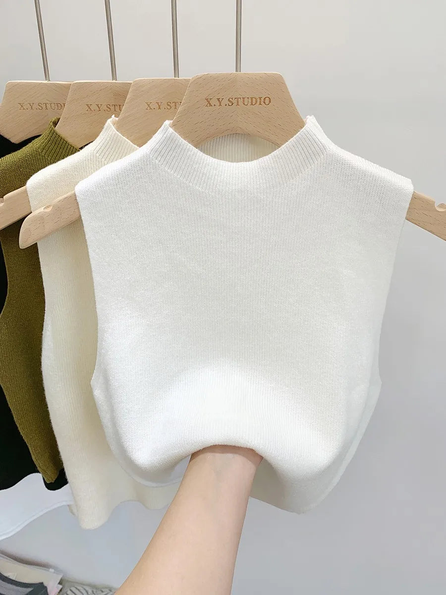Women Slim Knitted Tank Top Sleeveless Solid Sweater