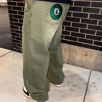 Matcha Green Denim Jeans with Embroidery