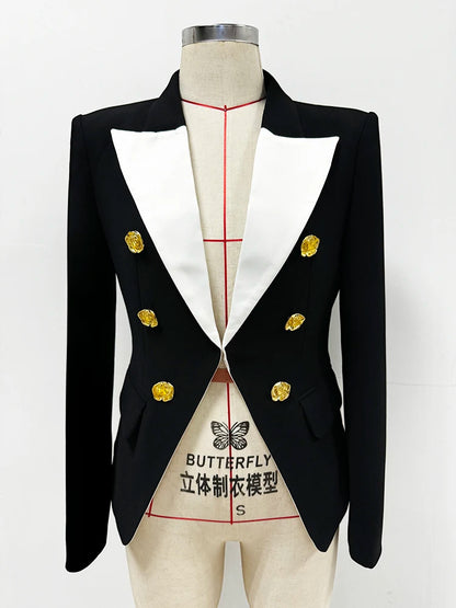 Slim Fitting Color Block Blazer with Rose Metal Buttons