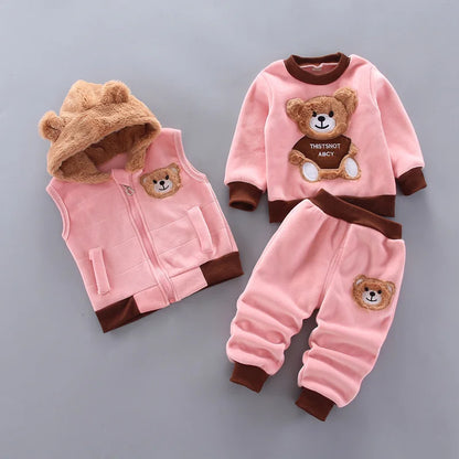 Kids Cotton Thick Warm Hooded Sweater Set Pink Grey