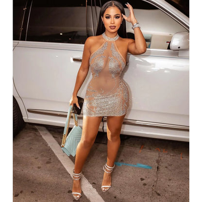 Rhinestone Mesh Bodycon Mini Dress for Women