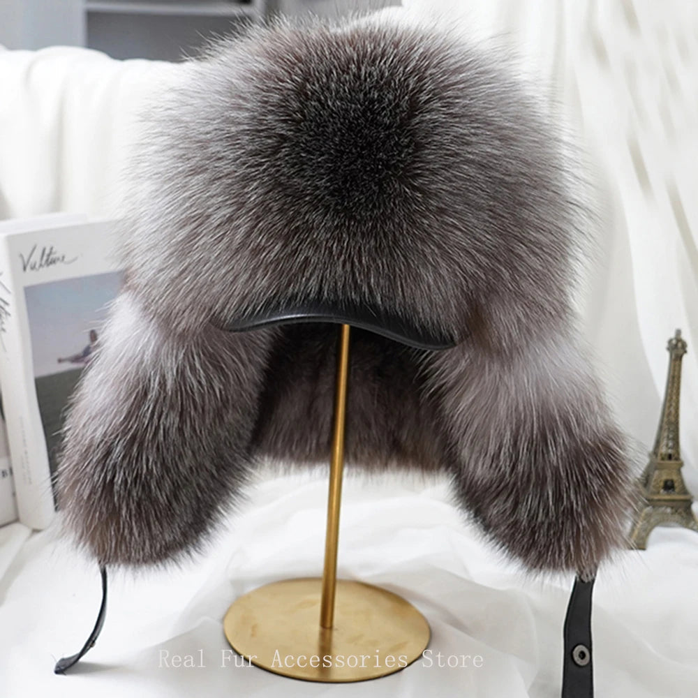 Men's Real Silver Fox Fur Bomber Hat