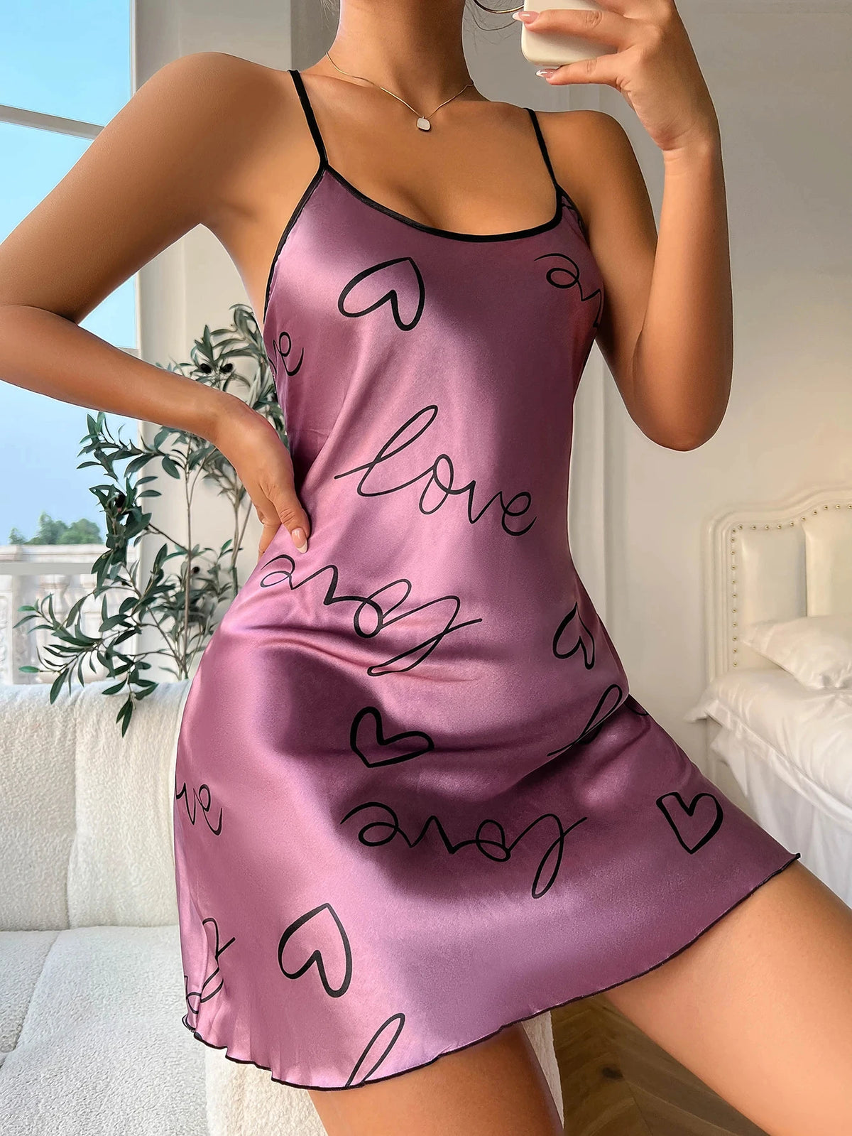 Heart Letter Print Spaghetti Strap Nightdress