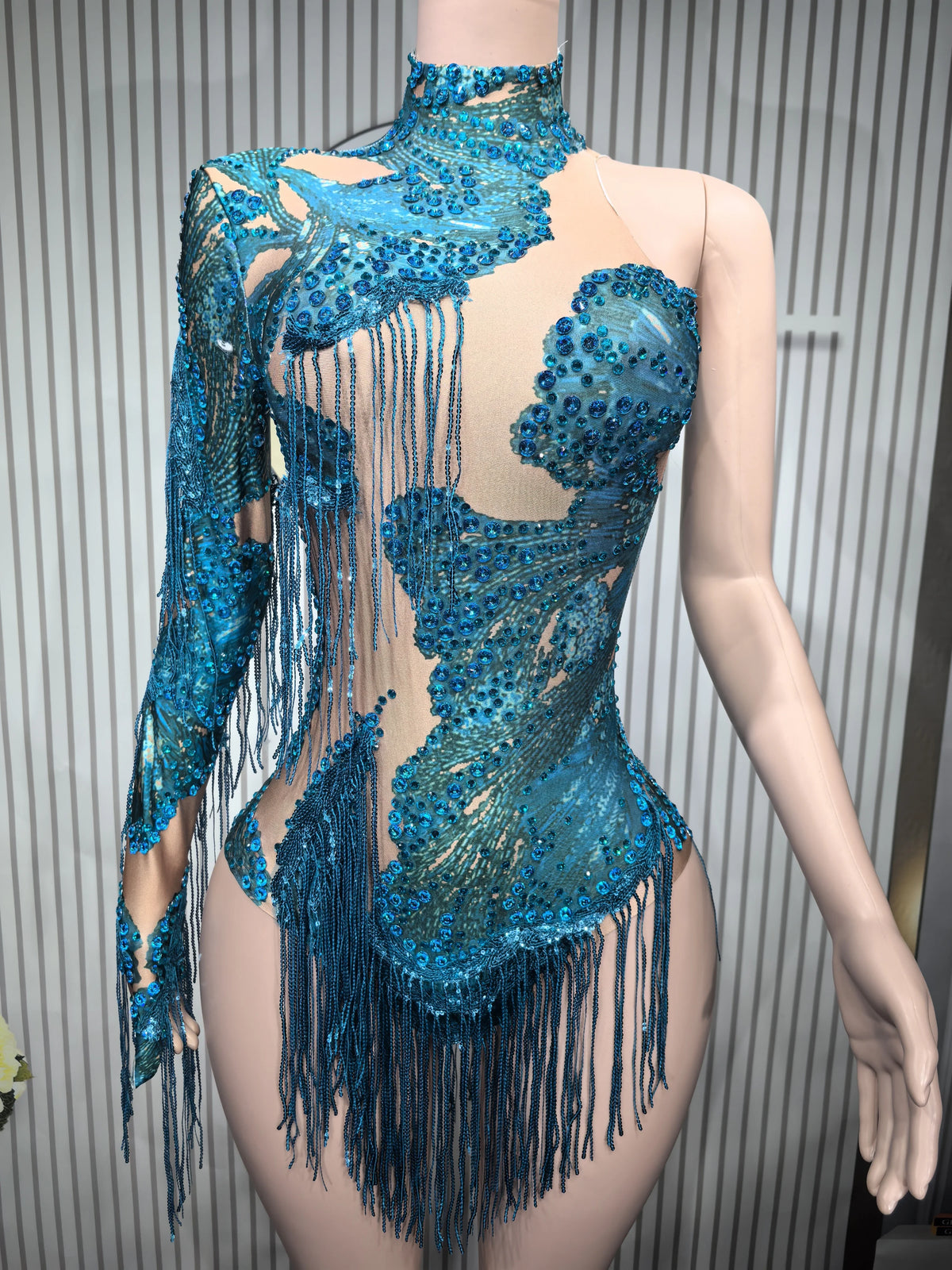 Rhinestone Tassel Elastic Bodysuit for Women