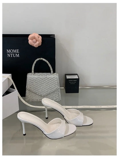 Thin High Heels Open Toe Slides Women Patent Leather Sandals