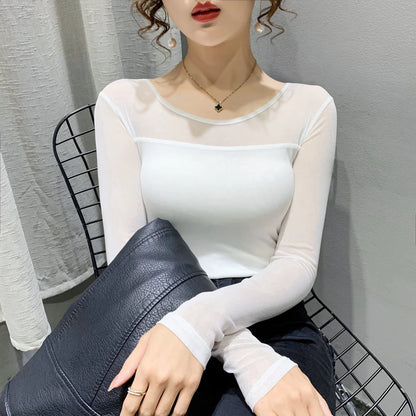 Women Slim Fit Long Sleeve Mesh T-Shirt